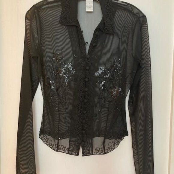 Cache sheer, beaded long sleeve button front top Women's Size M - Picture 1 of 4